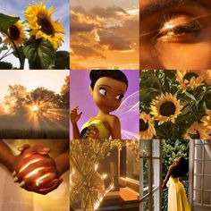 a collage of pictures with sunflowers and other things