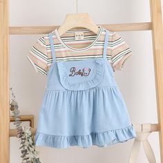 Stripes Dress for Toddler Girl - PrettyKid Cute Blue Sets For Summer, Light Blue Short Sleeve Sets For Spring, Light Blue Short Sleeve Sets For Summer, Light Blue Short Sleeve Spring Sets, Light Blue Short Sleeve Summer Sets, Playful Light Blue Sets For Spring, Cute Summer Patchwork Dresses, Cute Summer Sets For Playdate, Cute Summer Playdate Sets