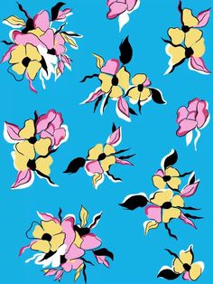 a blue background with yellow and pink flowers on it's sides, all in different shapes and sizes