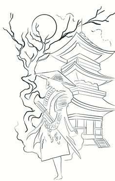 a black and white drawing of a woman holding an umbrella in front of a pagoda