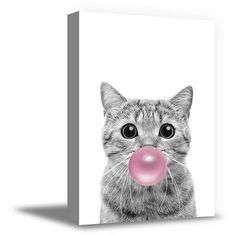 a cat with a pink bubble in its mouth is shown on a white canvas print