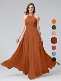 a woman wearing an orange bridesmaid dress with different colors and sizes in the background