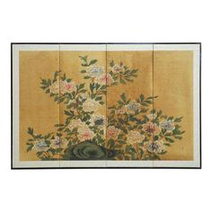 Japanese Four-Panel Floral and Foliate Byobu Screen Japanese Panels, Gold Leaf Background, 4 Piece Painting, Asian Fabric, Screen Painting, Handmade Wall Decor, Asian Home Decor, Japanese Landscape, Red Lantern