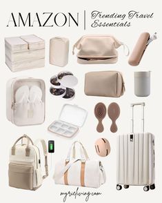 an assortment of items from the amazon brand, including luggage and makeup products for travel