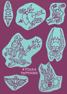 various tattoo designs on a purple background