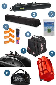 an assortment of items that include skis, luggage and snowboards are shown in this image