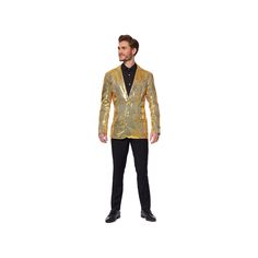 "Make a striking statement in this men's Suitmeister gold-tone sequin novelty blazer by OppoSuits. 2-button front Multiple pockets Long sleevesFIT & SIZING Slim fit features high arm holes, slightly narrow straight body and tapered sleeve openings Regular-length jacket fits those between 5'8\" and 5'11\" tallFABRIC & CARE Polyester Machine wash - delicate Imported Gender: male. Age Group: adult. Pattern: Solid." Fitted Gold Suit For Holiday, Fitted Metallic Blazer For Formal Occasions, Gold Tailored Suit For Festive Occasions, Festive Gold Tailored Suit, Gold Notch Lapel Outerwear For Party, Tailored Gold Suit For Party, Gold Tailored Suits For Party, Gold Blazer For Formal Winter Occasions, Gold Winter Blazer For Formal Occasions