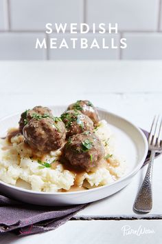 meatballs and mashed potatoes on a white plate