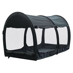 two black and white portable beds with mesh coverings