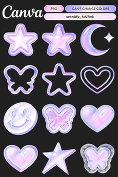 an image of various shapes and sizes of stars, moon, and hearts on a black background