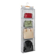 three tiered hanging rack with purses and handbags