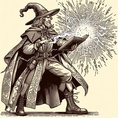 an old fashioned wizard holding a book and sparkles it with firework in the background