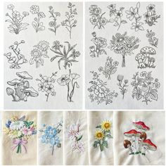 four different types of embroidery designs on white linens, each with flowers and mushrooms