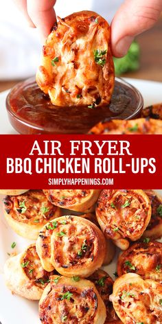 air fryer bbq chicken roll - ups on a plate with the title above it