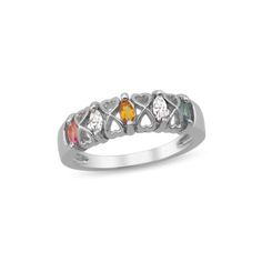 Infinite love surrounds in this sterling silver band ring with birthstones. Colorful eye-catching marquise gemstones are set in this gorgeous ring adorned with infinity hearts to make the perfect gift for mom. Choose from 2-5 birthstones each noting a beloved family member. For maximum beauty, this design will be filled in and set with clear cubic zirconia where less than 5 birthstones are selected, please review the dynamic image. A heartfelt gift she will cherish, and family and friends will b Ring With Birthstones, Infinity Hearts, Family Ring, Heart Promise Rings, Family Rings, Gorgeous Ring, Infinity Heart, Infinite Love, Sterling Silver Rings Bands