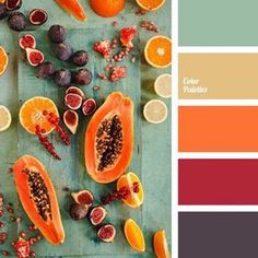 the color palette is orange, green, and red with some fruit on it to be used for food photography