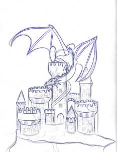 a drawing of a dragon flying over a castle