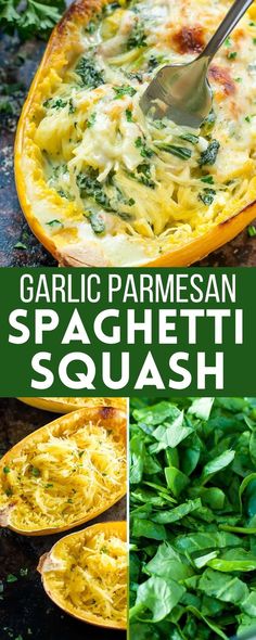 garlic parmesan spaghetti squash with spinach on the side and an image of green vegetables