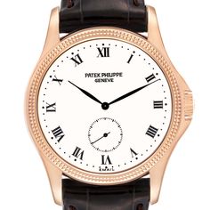 Patek Philippe Calatrava Rose Gold White Dial Mens Watch 5115. Manual-winding movement. 18k rose gold case 35.0 mm in diameter. 18k rose gold hobnail bezel. Scratch resistant sapphire crystal. White dial with Roman numerals. Small seconds at 6 o'clock. Brown leather strap with 18K rose gold tang buckle. Patek Philippe Nautilus Rose Gold, Patek Golden Ellipse, Patek Philippe Nautilus 5712, Patek Philippe Aquanaut Travel Time, Patek Philippe Aquanaut Rose Gold, Patek Philippe Calatrava, Rose Gold White, Rose Gold Case, Crystal White