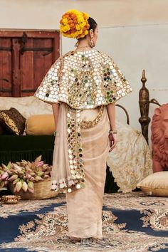 Beige saree with a mirror work border. Paired with a mirror work cape. - Aza Fashions Pre-drapped Saree With Mirror Work For Diwali Reception, Pre-draped Saree With Mirror Work For Diwali Reception, Mirror Work Pre-draped Saree For Diwali Reception, Pre-draped Mirror Work Saree For Diwali Reception, Diwali Mirror Work Pre-draped Saree, Festive Eid Pre-draped Saree With Mirror Work, Pre-draped Saree With Gota Work For Navratri Reception, Diwali Chanderi Pre-draped Saree With Mirror Work, Eid Art Silk Pre-draped Saree With Mirror Work