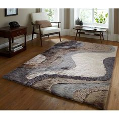 a living room area with hardwood floors and rugs on the floor in front of two windows