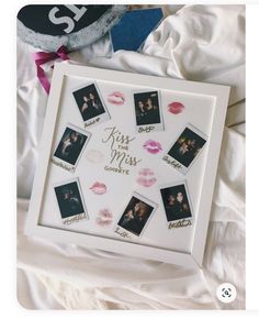 a white frame with pictures and lipstick on it