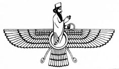 an egyptian winged bird with a man on it's back and arms spread out