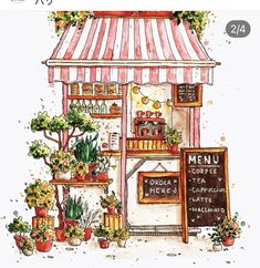 a watercolor drawing of a restaurant with potted plants on the outside and a menu board in front