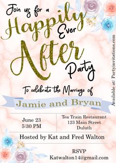 a wedding party card with flowers on the front and back, says happily ever after party to celebrate the marriage of jamie and ryan