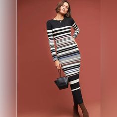 With Coziness To Spare, This Knit Dress Styles Well With Flats For Work Or Your Favorite Pair Of Sneakers For A Casual Weekend Adventure. Junior Size Small But Also Fits Women’s G Chic Striped Fall Dresses, Chic Striped Dresses For Fall, Fitted Striped Midi Dress For Fall, Fall Striped Knee-length Midi Dress, Chic Striped Fitted Sweater Dress, Striped Fitted Dress For Fall, Fitted Striped Dress For Fall, Cornflower Blue Dress, Lace Neckline Dress