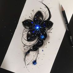 a drawing of a flower with blue lights on it