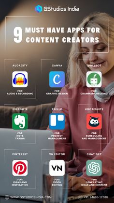 Content creation apps, content creation tools, audacity, canva, quillbot, evernote, trello, hootesuite, pinterest, VN, ChatGPTm Content Creator, Graphic designer, digital marketing, Social media marketing, GStudios India, GStudio Best Apps For Content Creation, Content Creation Aesthetic, Social Media Marketing Planner, Good Photo Editing Apps, Content Creation Tools