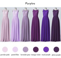 the different colors of bridesmaid dresses are shown in this image, including purple and lavender