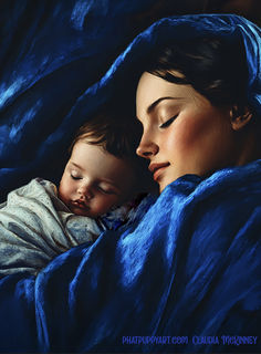 a painting of a woman holding a baby wrapped in a blanket with her eyes closed