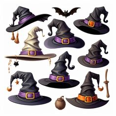 a collection of witches hats and brooms