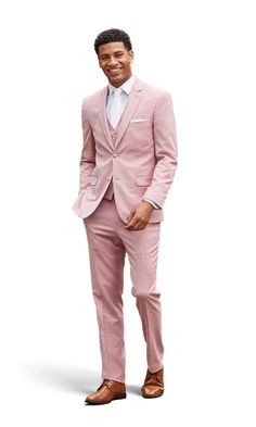 Coat: Two-button, notch lapel, with flap pockets, double side vents, four decorative buttons and underarm stretch panels. Pants: Four functional pockets, stretch waistband, pants are unhemmed and ready for alterations Vest: A 4-button suit vest with a sliding size adjuster on the back. Style Collection 6300 Light Pink Suit, Light Brown Shoes, Double Breasted Suit Men, Bridal Party Attire, Groomsmen Ties, Waistband Pants, Pink Suit, On A Boat, Brown Shoes