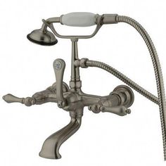 a faucet with two handset and hoses attached to the side of it