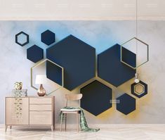 a room with blue and gold hexagonals on the wall