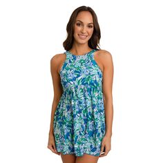 Blue Swim Dress For Spring Beach Party, Playful Sleeveless Tankini For Poolside, Playful Sleeveless Tankini For Beach Party, Playful Green Tankini For Summer, Spring Sleeveless Tankini With Upf 50+, Blue Swim Dress For Spring Poolside, Blue Sleeveless Tankini With Upf 50+, Playful Spring Beach Tankini, Spring Poolside Blue Swim Dress