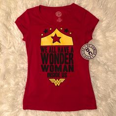 Nwt Wonder Woman Tee. We All Have A Wonder Woman Inside Us Juniors Size L 11/13. Similar To A Women’s M-L Super Soft! Fitted Red Top With Character Print, Fitted Red Tops With Character Print, Pop Culture Fan Merchandise Tops With Text Print, Pop Culture Tops With Text Print For Fans, Fun Red Top With Screen Print, Fun Red Screen Print Top, Red Superhero T-shirt With Short Sleeves, Superhero Character Print Red T-shirt, Red Superhero Short Sleeve Top