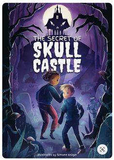 the secret of skull castle book cover with two children in front of a creepy castle