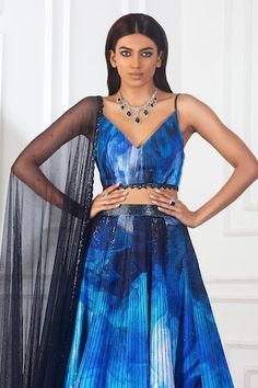 Blue crepe triangle lehenga with an attached cancan, marble texture and ocean print and cutdana and sequins hand embroidery. Comes with a chiffon padded blouse and a soft net dupatta. - Aza Fashions Fitted Blue Lehenga For Evening, Blue Fitted Lehenga For Evening, Fitted Blue Lehenga For Evening Events, Blue Evening Set With Unstitched Blouse, Blue Georgette Evening Sets, Blue Organza Lehenga For Evening, Evening Blue Sets With Dupatta, Blue Evening Sets With Dupatta, Blue Floor-length Cutdana Dupatta