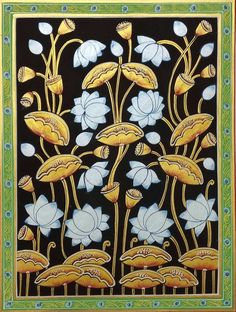 an intricately designed painting with flowers and leaves on black background, in green frame