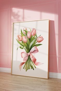 a painting of pink tulips in a vase with a bow on the front