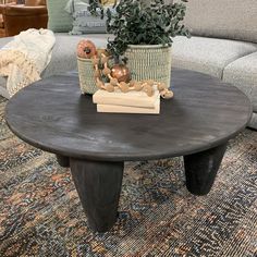 a coffee table with two potted plants on top