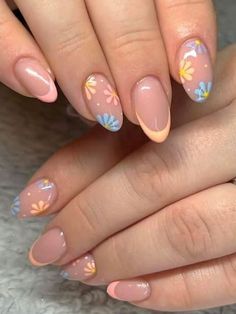 Nails, Yellow, Flowers, Pink, Blue, Art