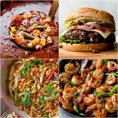 four different pictures of food including shrimp, salad and burgers in various pans