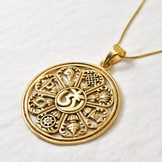 Gold Mandala Necklace made of Gold Vermeil: 18k Gold over Solid 925 Sterling Silver ☞ made to last.Click here for ☞ Ohm Rings Details:• Dimensions: Pendant Height 43mm, Width 32mm• Free Complimentary Chain• 18k Gold Vermeil SKU P-00474 Spiritual 14k Gold Round Pendant Jewelry, Spiritual 14k Gold Round Pendant, 14k Gold Spiritual Round Pendant Jewelry, Spiritual Yellow Gold Brass Jewelry, Spiritual Gold Sterling Silver Jewelry, Gold Sterling Silver Spiritual Jewelry, Symbolic Sterling Silver Necklaces For Festivals, Sterling Silver Filigree Jewelry For Festivals, Yellow Gold Jewelry For Festivals