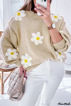 Olivia Mark - Plus-Size Crocheted Flower Pattern Sweater Spring Cream Knitted Sweater, Spring Crochet Crew Neck Sweater, Spring Crochet Acrylic Sweater, Spring Fitted Knitted Sweater, Fitted Sweater With Floral Embroidery For Spring, Spring Acrylic Crochet Sweater, Fitted Knitted Sweater For Spring, Cream Acrylic Sweater For Spring, Spring Beige Acrylic Tops