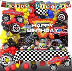 a birthday card with cars and balloons in the shape of a car on a checkered table